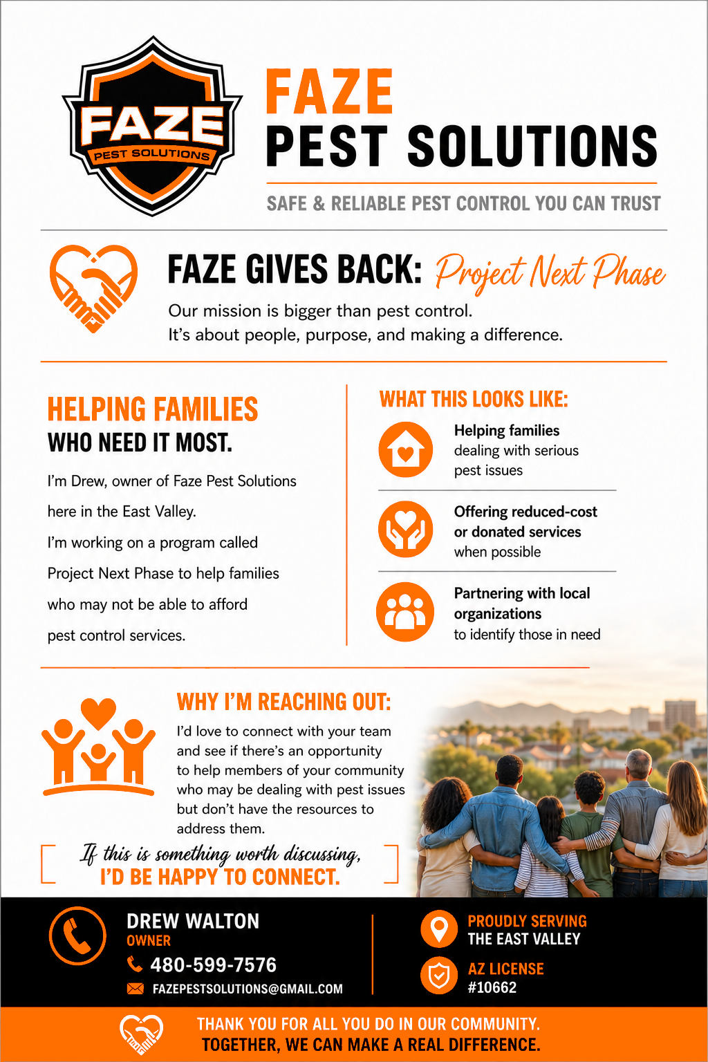 Faze Gives Back Project Next Phase flyer with official Faze orange